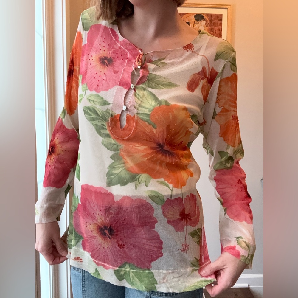 Tommy Bahama Floral Long Sleeve Top 100% silk
